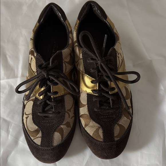 Coach Signature Brown and Gold Lace-Up Sneakers - Picture 5 of 9